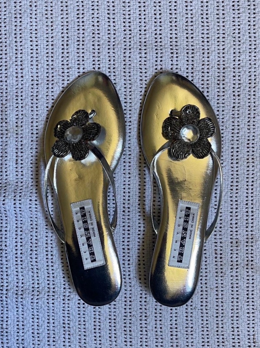 New York Transit Metallic Silver Floral Jewel Toe-Post Sandals